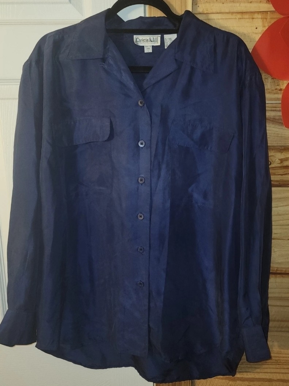 Christie & Jill Women's Navy Silk Button-Front Blouse
